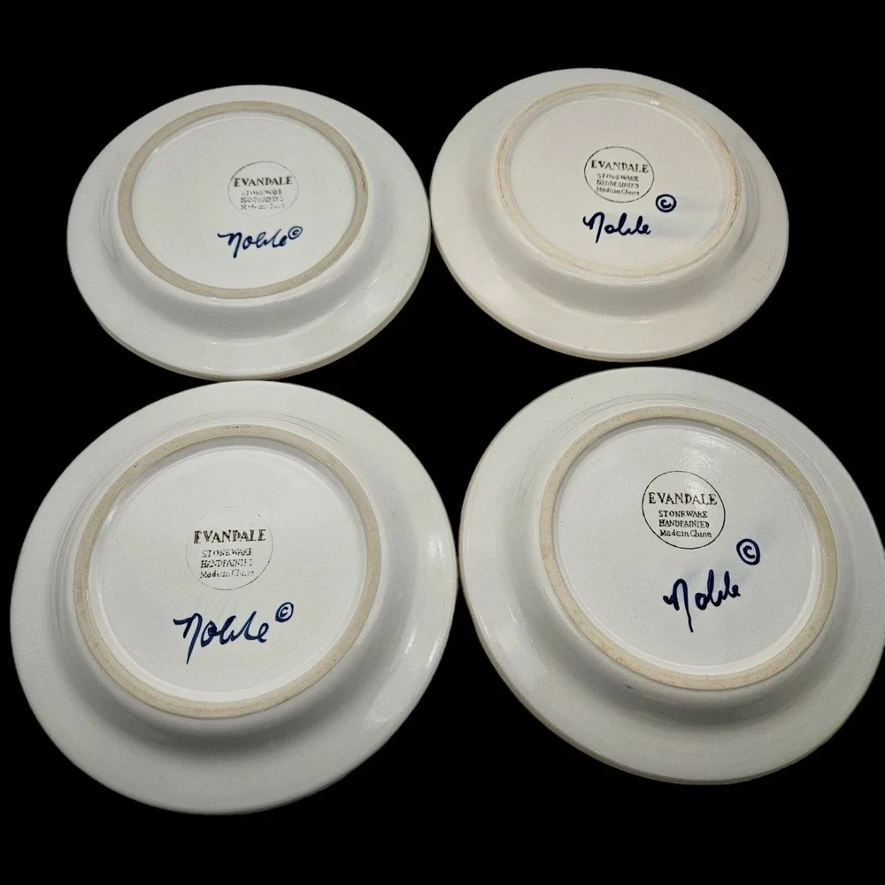 4 Evandale by Noble Stoneware Salad Plate Blue White Birds Flower 8.5